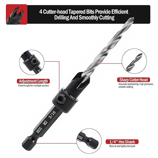 Countersink Drill Bit Set, 3PCS Tapered Drill Bits, M2 Countersink Set with 1/4" Hex Shank Quick Change and 1 Allen Wrench for Woodworking, Pilot Screw Hole Set for Soft & Hard Wood