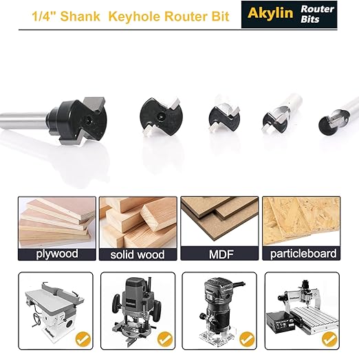 5pcs Keyhole Bit Set, 1/4-Inch Shank, 8.5-10.5-13.5-17.5-19.5mm Cut Diameter Keyhole Router Cutter Bit,for M5, M6, M8, M10, and M12 T-Track Slotting Milling Cutters