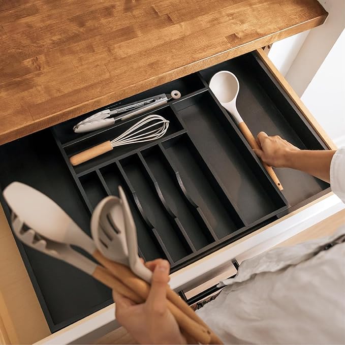 Premium Silverware, Flatware and Utensil Organizer for Kitchen Drawers, Food-Safe Contract Grade, Expandable from 16 to 28 In, Black Bamboo