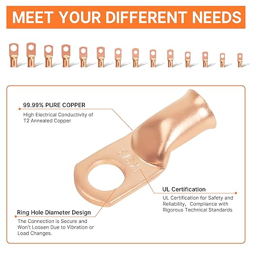 Kuject 120PCS Battery Cable Ends AWG 1 2 4 6 8 1/0 2/0 Gauge, 60PCS Heavy Duty Copper Wire Lugs Kit, Battery Cable Terminal Connectors Assortment with 60PCS 3:1 Heat Shrink Tubing