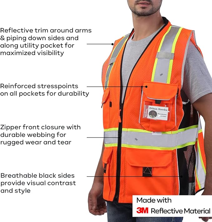 Neopelta Reflective Safety Vest Orange Mesh, Made with 3M Reflective Tape, Heavy Duty Vest with ID pocket, Padded Neck, Orange 3XL