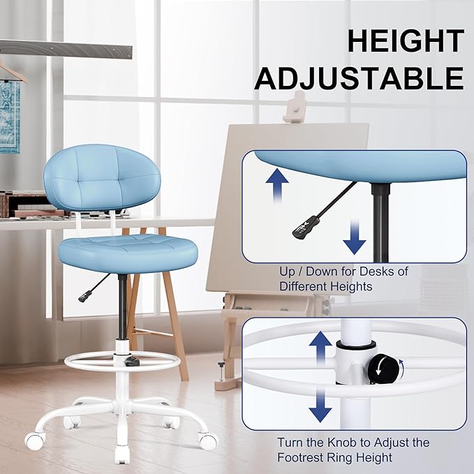 Misolant Drafting Chair, Armless Tall Office Chair with Footrest Ring for Standing Desk, Small Faux Leather Executive Computer Chair with Adjustable Height for Bar Lab Counter Height Desk, Blue