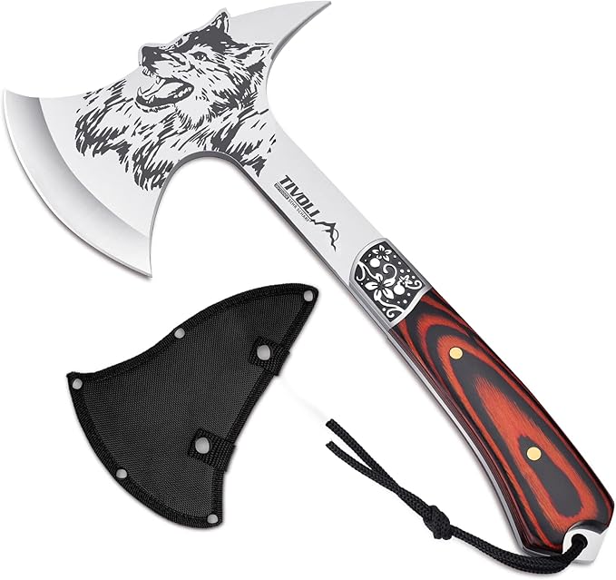 TIVOLI 13" Camping Axe, Wolf - Patterned Survival Hatchet with Nylon Sheath, High Carbon Steel Blade Compact Outdoor Bushcraft Axe with Ergonomic Wood Grip, Camping Gear for Hiking, Chopping, Hunting