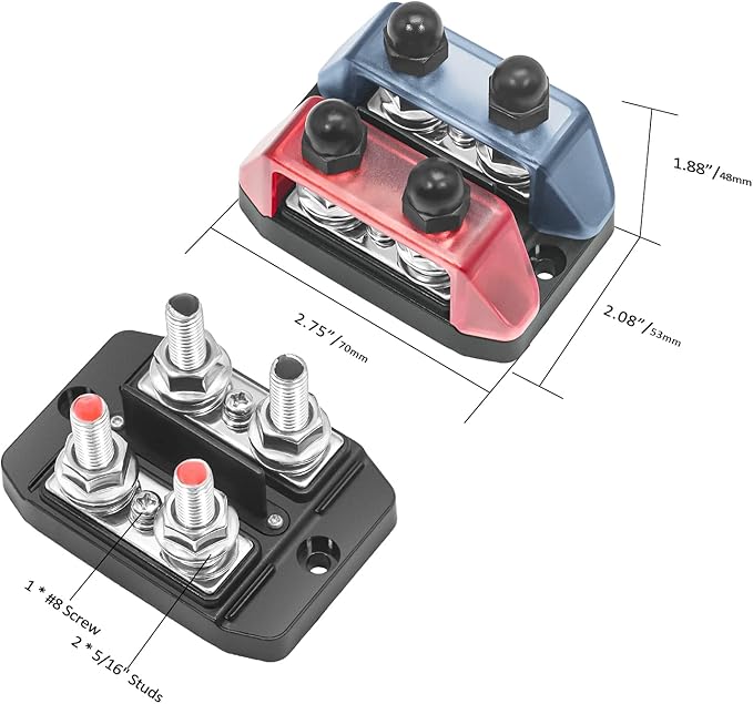 RECOIL DS21-516 Power Distribution Block 48V 150A Bus Bar 2 x 5/16" Stud, 1 x #8 Screws Terminals Block