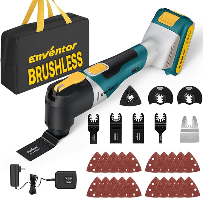 Enventor 20V Cordless Oscillating Multi tool, Brushless Oscillating Saw with 28PCS Accessories, Fast Charger, 6 Variable Speeds, 4° Oscillation Angle for Scraping, Sanding, Cutting, Blue