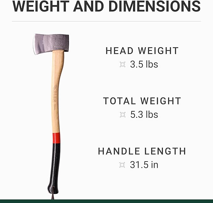 Yankee Axe - German Forester's Axe with Leather Sheath, 3.5 lb Head, Anti-Slip 31.5" Hickory Handle with Red Stripe