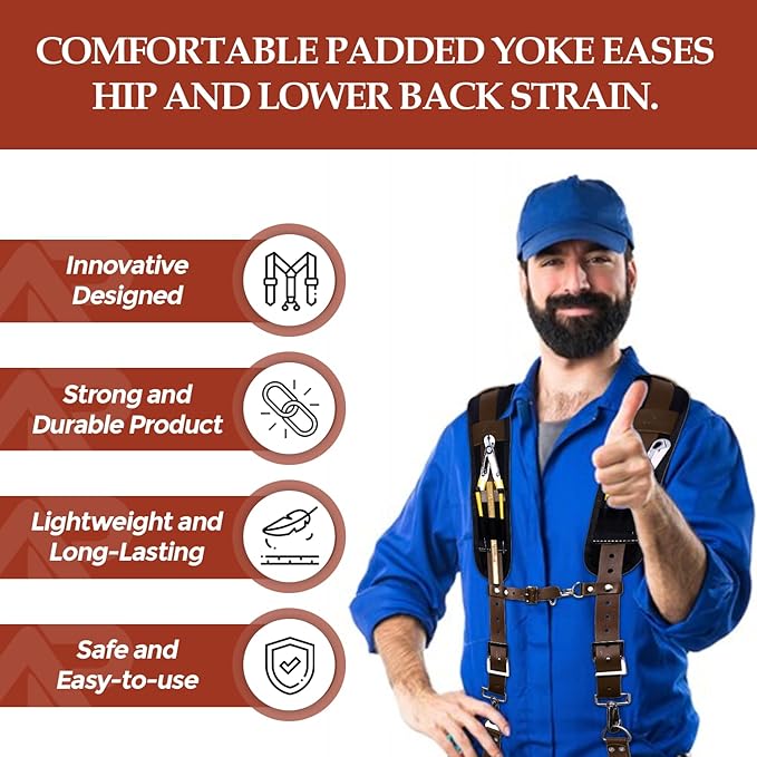 PRO-01 Leather Tool Belts for mens, Tool Belt with Suspenders, Comfort Back Support with stainless steel Buckle for Construction, Framers (Chocolate Padding, Extra Large)