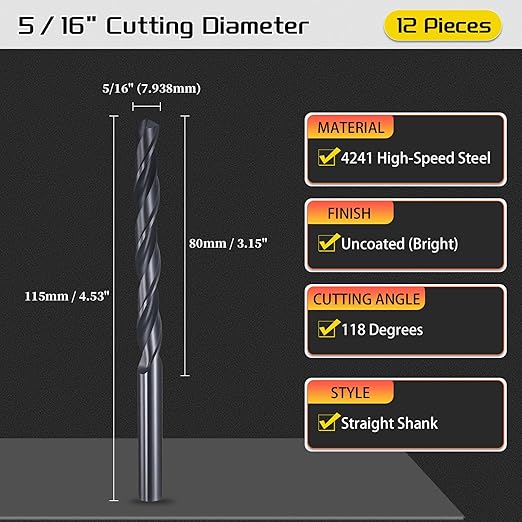 Drill Bit, 5/16" Cutting Diameter, 4241 HSS Nitriding Black 118° Cutting Angle Versatile Jobber Bits - (Applications: for Drilling Plastic Wood Soft Metal), 12-Pieces