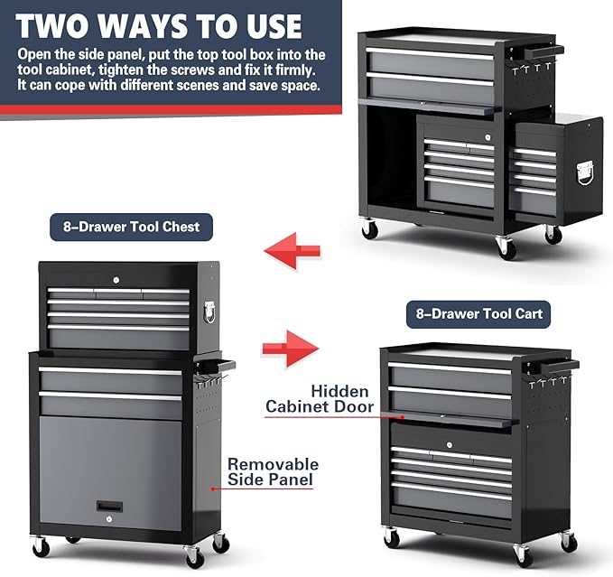Tool Chest 8-Drawer | 42'' Large Rolling Tool Chest with Wheels | Detachable Top Metal Tool Box | Garage Storage Cabinet for Repair Room,Warehouse | Rolling Tool Box with Hooks,Liners,Tray Divider
