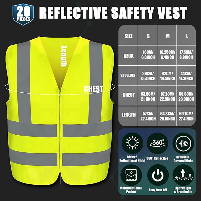 20 Pcs Reflective Safety Vest Yellow Reflective High Visibility Vest for Construction Work Men Women