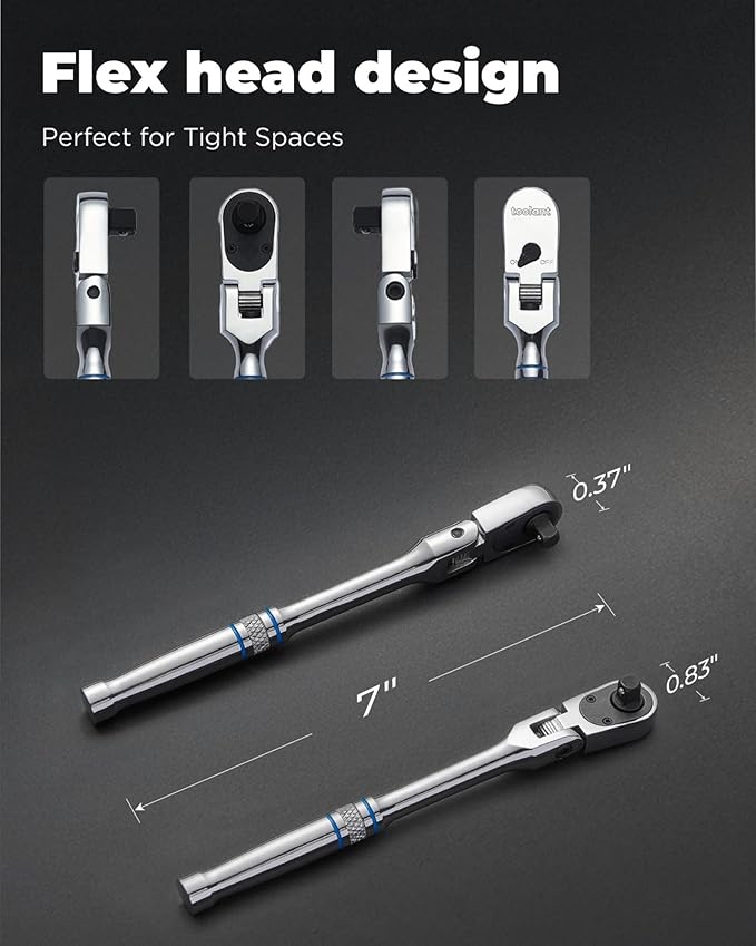 toolant 1/4“ Drive 90 Tooth Compact Flex Head Socket Ratchet Wrench (1/4",7 inch length)