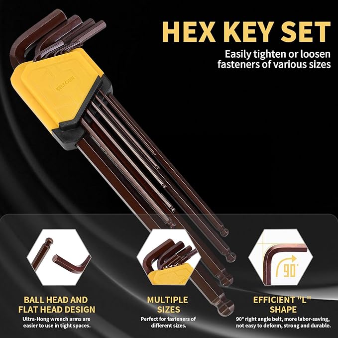 Extra Long Allen Wrench Ball End S2 Steel – 9PCS Metric Hex Key Set, S2 Alloy, 1.5–10mm, 9in, Bronze Finish, for Deep Space Work, Auto Repairs, Workshop Use