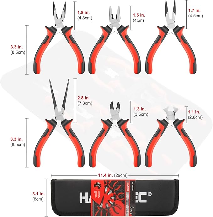 HAUTMEC 6PCS Mini Pliers Set High Leverage Multi Small Pliers Tool Set with Needle Nose, Linesman, Long Nose, Bent Nose, Diagonal Cutters, End Cutting Plier for Jewelry, Electronic and Crafts HT0275