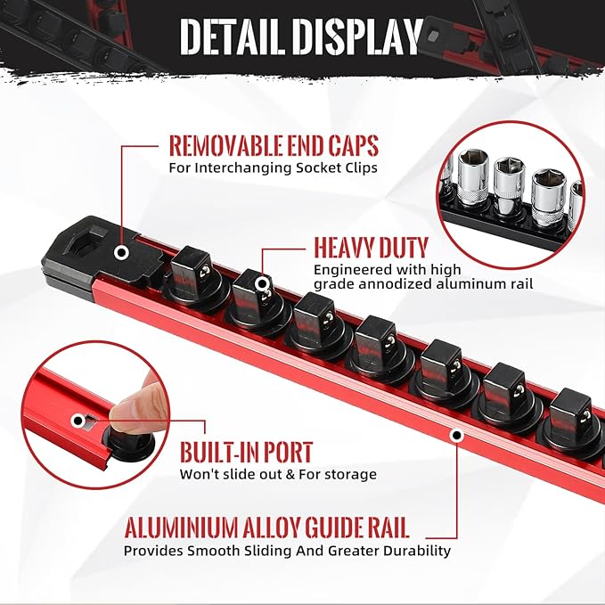 Magnetic Socket Organizer, 3-Piece Heavty Duty Aluminum Socket Holder, Socket Rail for Tool Box, Premium Quality 360° Swivel Socket Rack Kit with 40 Clips for 1/2, 3/8, 1/4-Inch(Red)