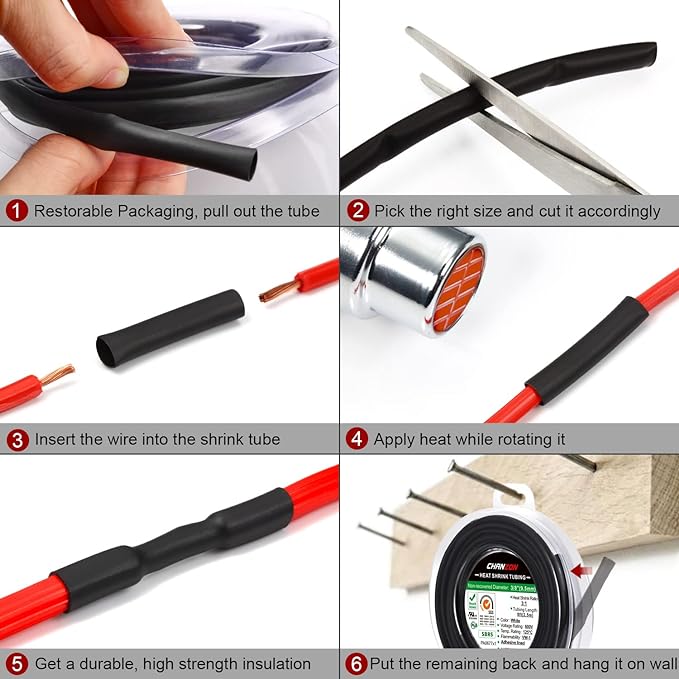 Chanzon 2:1 Ratio 1/32" (0.8mm) Heat Shrink Tubing 8Ft Roll (2.5M Total Length) Black Polyolefin Sleeving Wrap Shrinking 2 to 1 1pcs