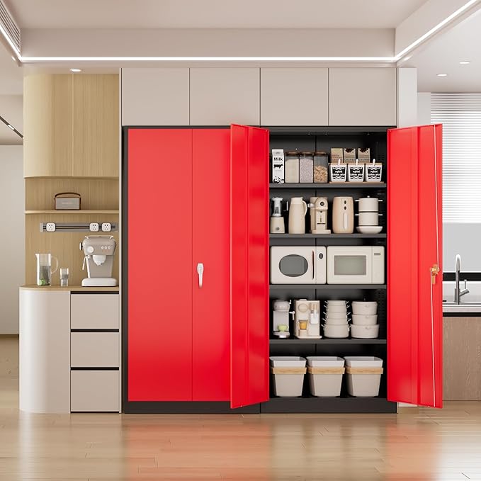 Pataku Metal Storage Cabinet, 71" Garage Cabinet with Doors and Shelves Lockable Steel Multifunctional Cabinets, File Cabinets for Home, Office, Warehouse(Black Red)