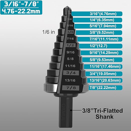 M35 Step Drill Bit for Metal, 3/16 to 7/8, Cobalt Drill Bits, Extra-Heavy Duty for Stainless Steel, Hard Steel, Mild Metal, Aluminum, Wood, Industrial Grade, 12-Steps. Co78Z