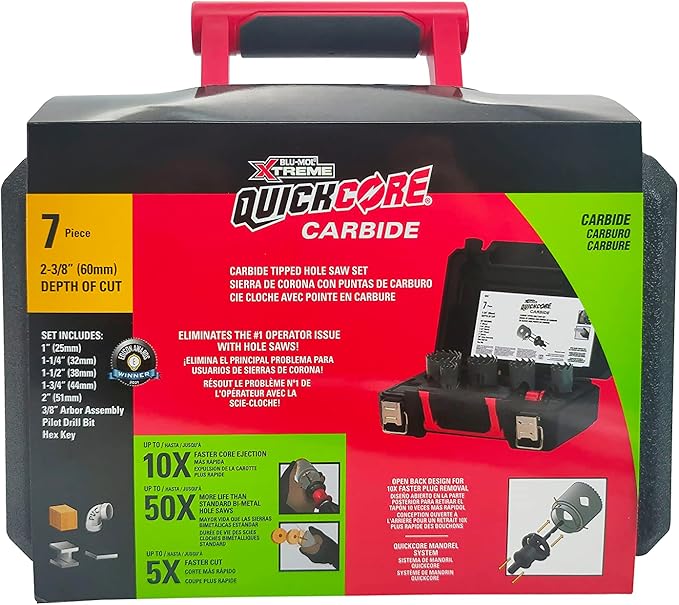 Disston QUICKCORE 7pc Carbide Tipped Hole Saw Set (1", 1 1/4", 1 1/2", 1 3/4", 2", Arbor & Pilot Bit) 10X Faster CORE Ejection Quick Change E0100297