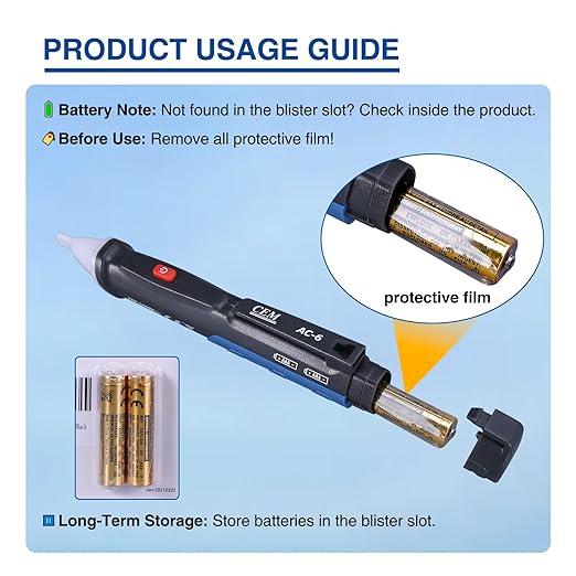 Voltage Tester,CEM AC-6 Non-Contact Voltage Detector,Electrical Tester,AC,LCD Display in Percentage,Buzzer Alarm,Live Wire Tester,Wire Breakpoint Finder - Black-Built-in/External Battery (Random)