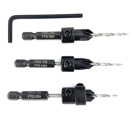 FTG USA Adjustable Wood Countersink Drill Bit Set 3 Pc #4 (7/64"") with Tapered Drill Bit for Woodworking