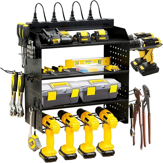 Modular Power Tool Organizer Wall Mount with Charging Station,8 Outlets,4-Layer,6 Drill Holders,4 Hooks,Metal drill holder wall mount,6.5ft Cord,Garage,Workbench,Workshop,Black