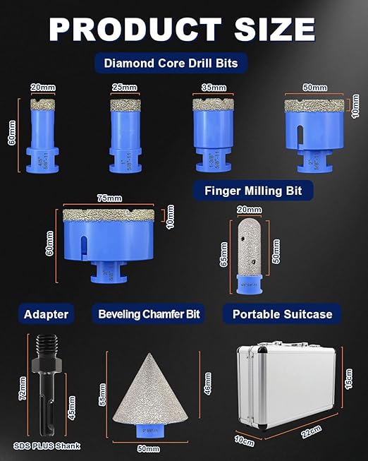 Diamond Tile Hole Saw Kit - 8Pcs 4/5'', 1'', 1-3/8'', 2'', 3'' Drill Bits Set, 4/5'' Finger Milling Bit, 2'' Beveling Chamfer Bit, SDS Adapter for Porcelain Tile Ceramic Granite Marble