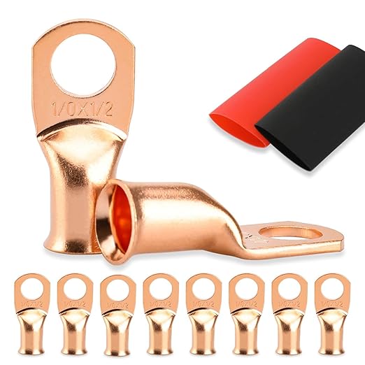 8PCS Battery Cable Ends, 1/0 Gauge Wire Connectors 1/2 Copper Wire Lugs, Bare Copper Eyelets with Heat Shrink Tubing by HOUSUN