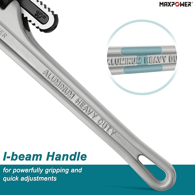 MAXPOWER Pipe Wrench 10-Inch, 40% Lighter Aluminum Adjustable Plumbing Wrench
