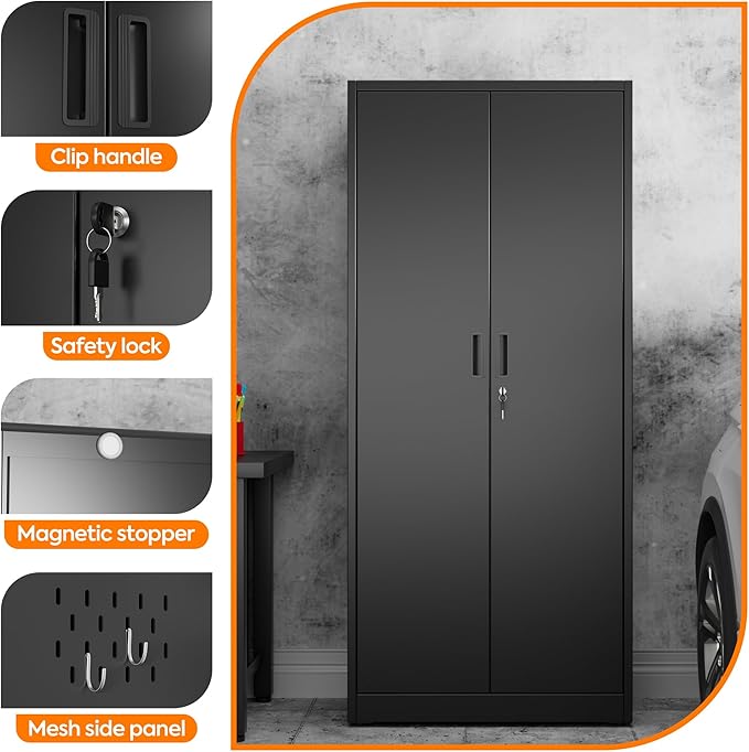 Aobabo Metal Cleaning Tool Storage Cabinet with Lockable Door, 13 Hooks and Towel Racks, Broom Closet Storage Cabinet for Janitorial Supplies, 71.41" H×31.53" W×15.74" D, Assembly Required, Black