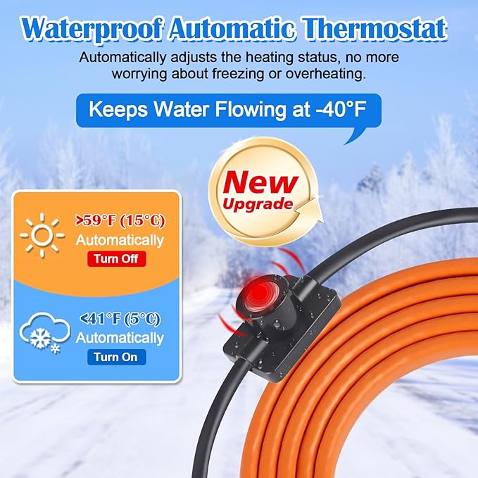 FANOVO Heat Tape for Water Pipes, 6ft Pipe Heat Tape with Thermostat, Self Regulating Heat Tape Cable, Freeze Protection Heating Cable Wrap for Water Pipes, Used for Metal Plastic Pipes and Roof RV