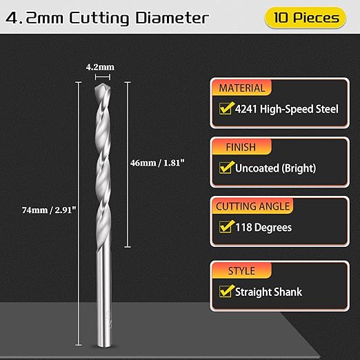 Drill Bit, 4.2mm Cutting Diameter, 4241 HSS 118° Cutting Angle Uncoated Bright Versatile Jobber Bits - (Applications: for Drilling Plastic Wood Soft Metal), 10-Pieces