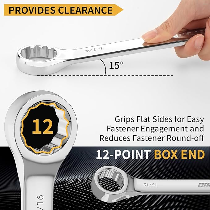 SAE Wrench Set, Large Wrench Set, 7-Piece 15/16″, 1", 1-1/16", 1-1/8", 1-3/16", 1-1/4" Long Big Open End Wrench Tools Set Roll Up Pouch Organizer with Gauge, 12 Point Combination Wrenches Sets