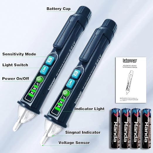 2PCS Voltage Tester, Non Contact AC Voltage Tester Pen, Breakpoint Finder, Dual Range 12V-1000V/48V-1000V, Buzzer Flashing LED Alarm, Flashlight (Blue)