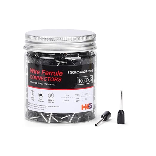 HKS 1000PCS Wire Ferrule Connectors - AWG22-0.5mm² Copper Barrel Pin Cord Ends Insulated Ferrules Terminals - E0508 Black