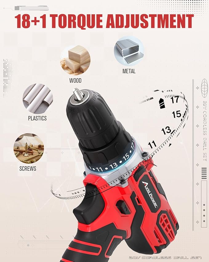 AVID POWER 20V MAX Power Drill Kit, Cordless Drill Set with Battery and Charger, 2 Variable Speed, 3/8-Inch Keyless Chuck, 19 Position and 22pcs Bits
