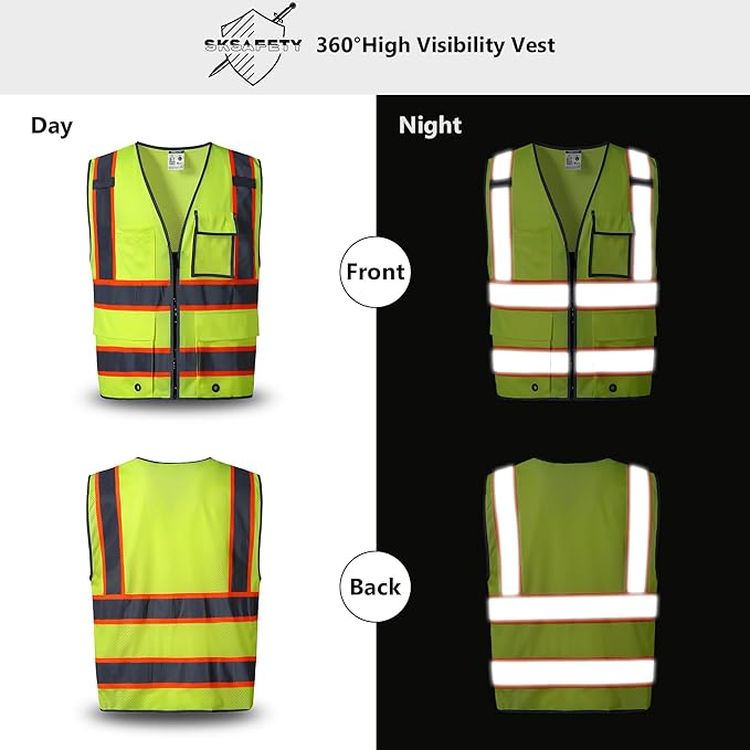 SKSAFETY 10 Pockets Safety Vest, Class 2 High Visibility Security with Zipper Back Mesh, Hi Vis Vest with Reflective Strips, ANSI/ISEA Standard, Construction Work Vest for Men ＆ Women （Lime, 5XL）