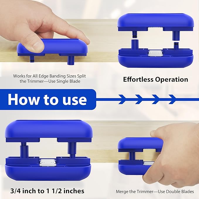 Edge Banding Trimmer with Tungsten Carbide Blades, Hand Planer Versatile Woodworking Edge Trimmer for Burrs, Manual Edge Banding Cutter for ABS, PVC, Veneer, and Melamine - Blue