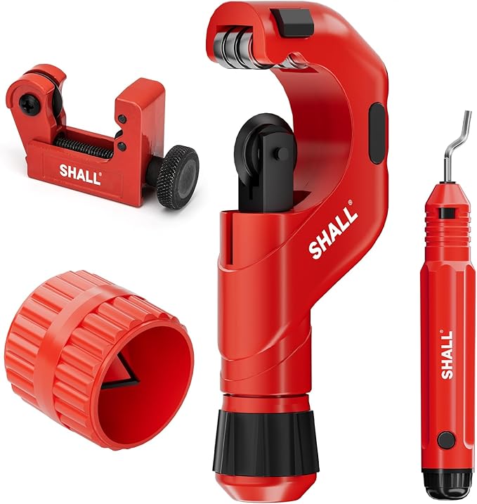 SHALL 4-Piece Tubing Cutter Set, 1/4’’ to 2’’OD Heavy Duty Copper Pipe Cutter, 1/8’’ to 7/8’’ Mini Tube Cutter, Deburring Tool & Inner Outer Pipe Reamer for Copper, Aluminum, Stainless Steel, PVC Pipe