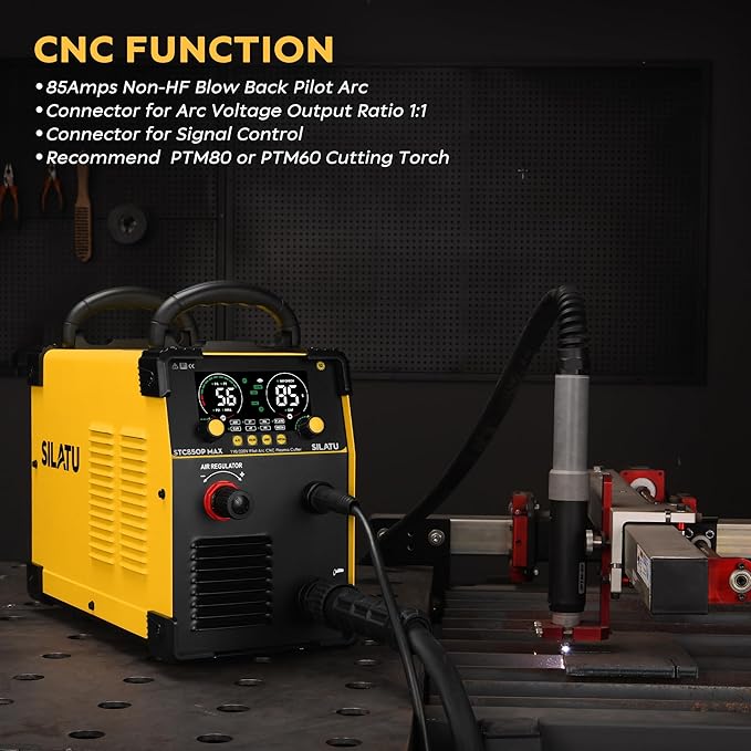 SILATU Plasma Cutter, 85Amps Blowback Pilot Arc Air Sensor Technology, Digital Display, 110V/220V Dual Voltage Non-HF CNC Plasma Cutter Machine, 1″ Clean Cut 7/5″ Max Cut, PT/2T/4T for Beginners DIY