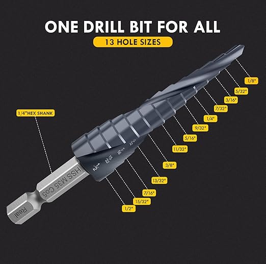 Upgrade M35 Cobalt Step Drill Bit with Ultra TiAIN Coating, 1/8“-1/2” Unibit Step Bit with Double Sprial Flute, 1/4" Hex Shank Drill Bit for Metal, Stainless Steel, Aluminum, Copper, Wood