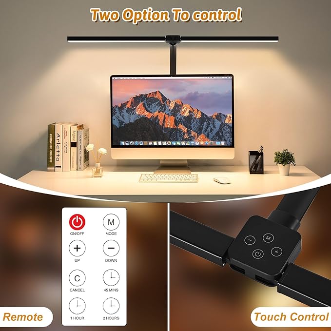 LED Desk Lamp for Office Dorm Home - Eye Caring Desk Light with Timer, Remote Control 24W 5 Color Brightest Dual Screen Computer Monitor Gooseneck Dimmable Table lamp with Anti-Glare Cover Clamp