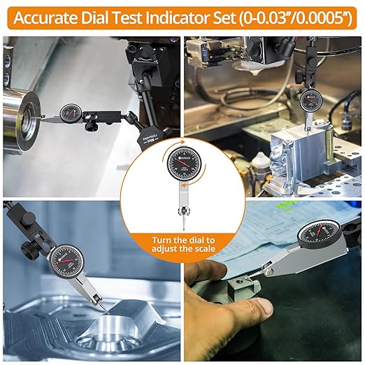 Neoteck 0-0.03"/0.0005" Dial Test Indicator with 132lbs(60kg) Max Pull Magnetic Base Stand Test Indicator Set with 3/8 inch (9.52mm) Clamping Hole for Machine Set-Up and Narrow Area Measurement-Black