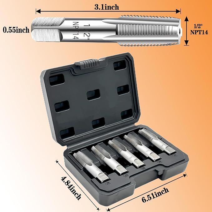 5-Piece NPT Pipe Tap Set, Precision Carbon Steel NPT Tap Thread Cutting Brill Bits Set for Clean Accurate Threads, 1/2" NPT Tap, Perfect for Plumbers Mechanics DIYers, with Durable Plastic Case.