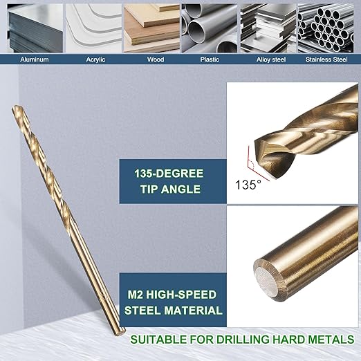 METALLIXITY Drill Bit (#26) 12Pcs, M2 High-Speed Steel Micro Number Bits Spiral Flute 135°Point Tip Gold Finish for Stainless Steel Iron Copper Aluminum Hard Metal