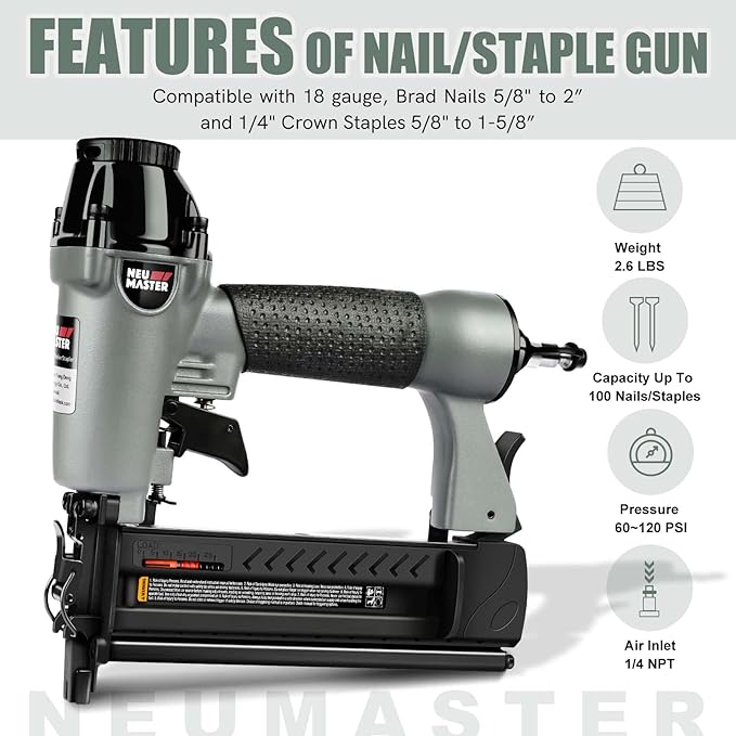 NEU Master Pneumatic Brad Nailer, 2 in 1 Nail Gun Staple Gun Fires 18 Gauge 2 Inch Brad Nails and Crown 1-5/8 inch Staples with Carrying Case and Safety Glasses (Need Air Compressor)