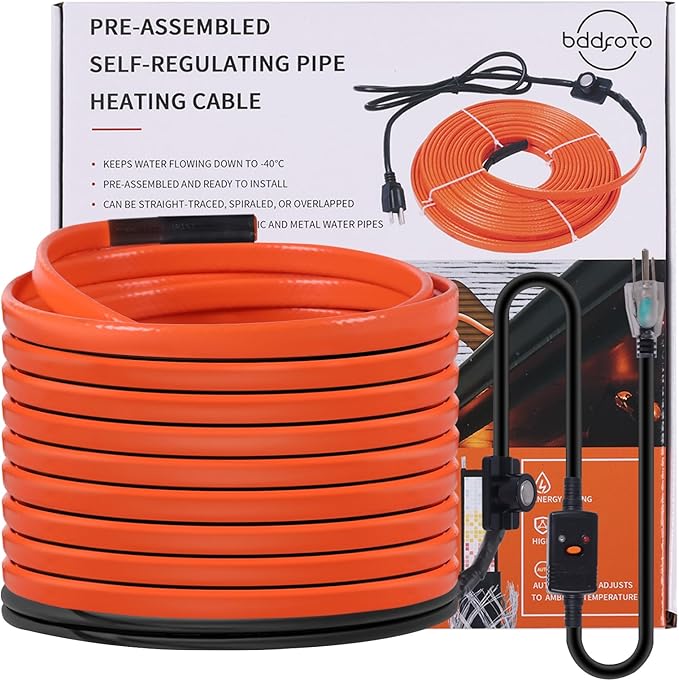 40FT Heat Tape for Water Pipes Freeze Protection IP65 Waterproof 7W/FT 110V BDDFOTO Heat Cable With GFCI Protection and Thermostat,Self-Regulating Pipe Heater for Roof/RV/Water Storage Tank