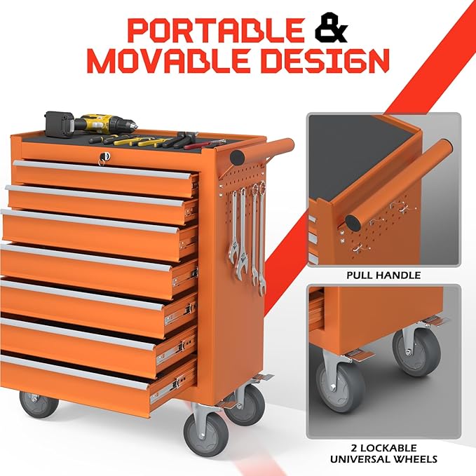 7-Drawer Rolling Tool Chest,Metal Rolling Tool Chest with Wheels and Locking Tool Box,Portable Metal Tool Box for Warehouse,Garage, Repair Shop, Workshop (Orange,7-Drawer)