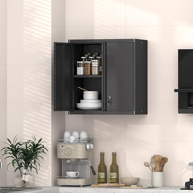 GREATMEET 27.95" H Garage Cabinets, Locking Cabinet, Garage Storage Cabinets, Hanging Wall Mount Cabinet for Utility Room, Black