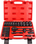 Socket Set,22 Pcs 1/2-Inch Drive Metric Deep Impact Socket Set,Cr-V Steel Sockets Size 8mm-32mm 6-Point,Includes Extension Bar,Universal Joint,1/2”Spark Plug Socket and Ratchet Handle