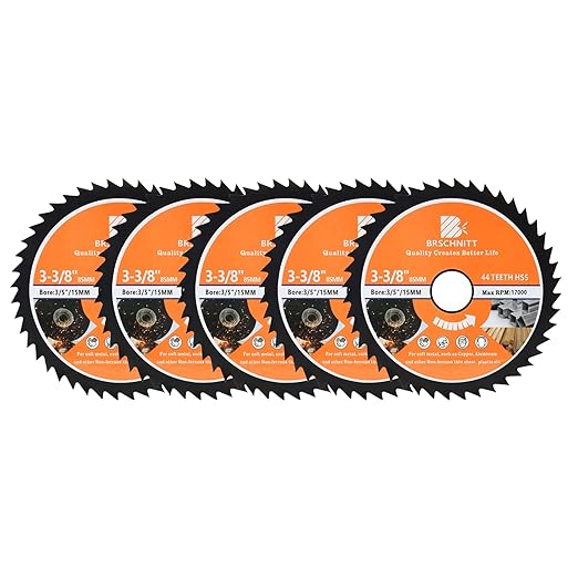 HSS Circular Saw Blade 3 3/8inch - BRSCHNITT 5pcs 44T 3/5"-3/8" Bore Cutting Discs for Cutting Wood, Copper, Aluminum, Plastic and Soft Metal
